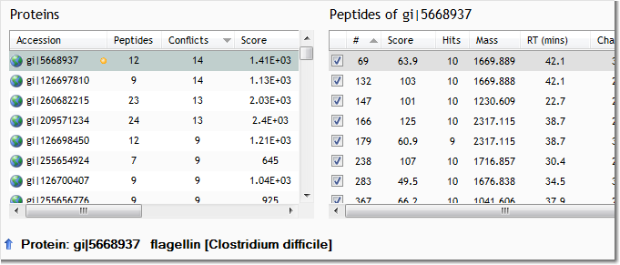 The protein list and the list of peptides for the selected protein