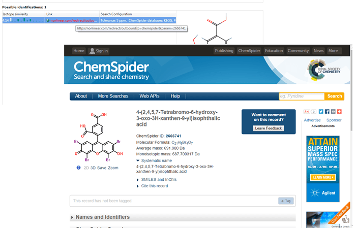 Clicking on the entry in the Link field will redirect you to the ChemSpider entry for a hit