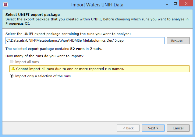 Wizard showing the options for an export package with repeated run names