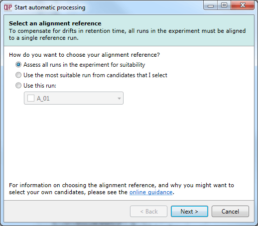 The Select an alignment reference dialog, the first stage of automatic analysis setup