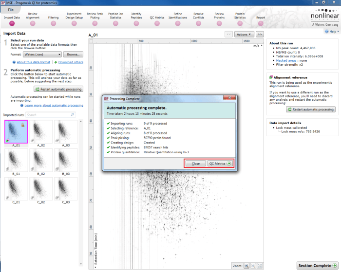 The automatic processing status dialog reporting a completed analysis.