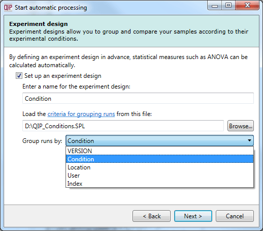 A successfully loaded .spl file allowing selection of the initial experimental design from all the grouping variables present within the file.