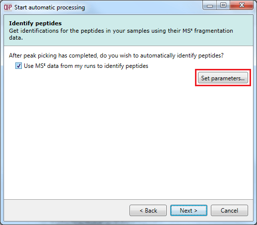 The Identify peptides dialog allowing MSE identification to be carried out as part of the automatic processing, with the Set parameters button highlighted.