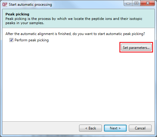 The peak picking dialog with the Set parameters button highlighted.