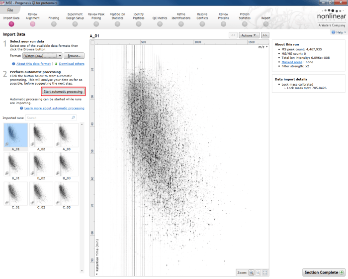 The Start automatic processing selection button at the Import Data stage.