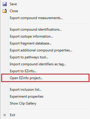 The Open EZinfo project… option as it appears from the Identify Compounds page.