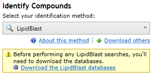 The prompt to download databases that appears on first selecting the LipidBlast search method