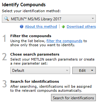 The METLIN™ MS/MS Library 2017 search method, with an example file and parameters chosen.